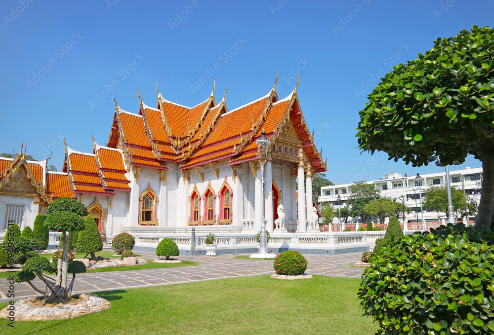 Stunning Ordination Hall of Wat Benchamabophit Dusitvanaram or The Marble Temple  in Dusit District, Bangkok, Thailand