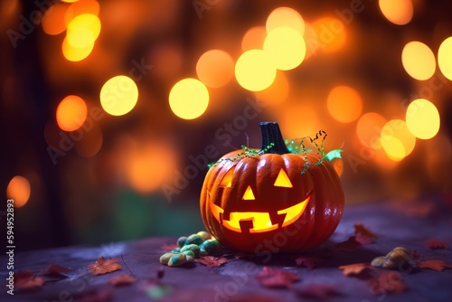 Jack O Lantern pumpkin with bokeh background. generative ai