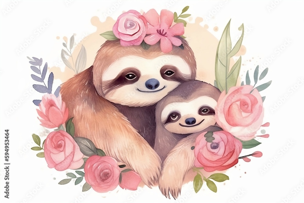 Obraz premium Card for Mother's Day. Mother sloth with baby sloth. Watercolor drawing. Generative AI