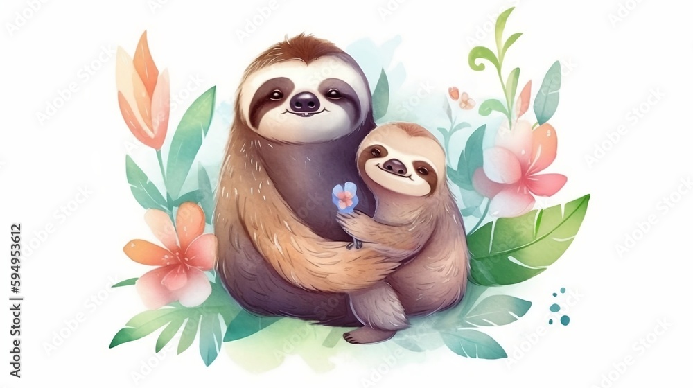 Obraz premium Card for Mother's Day. Mother sloth with baby sloth. Watercolor drawing. Generative AI