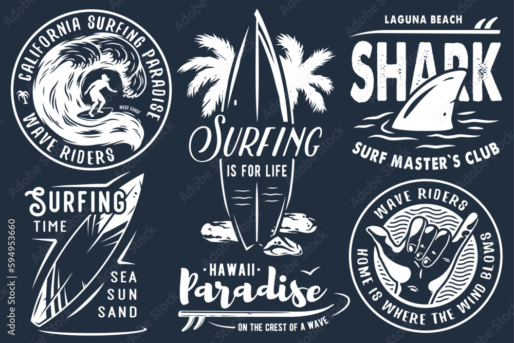 Summer surfing print set with surfer on wave. shaka, tiki mask and surfboard. Vector colored t-shirt hawaii apparel design - obrazy, fototapety, plakaty 