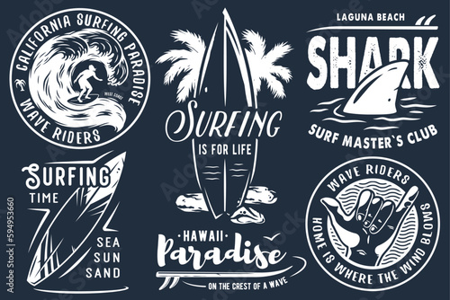 Summer surfing print set with surfer on wave. shaka, tiki mask and surfboard. Vector colored t-shirt hawaii apparel design