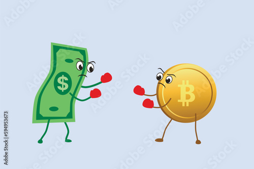 Currency vs cryptocurrency battle fiat dollar against bitcoin.