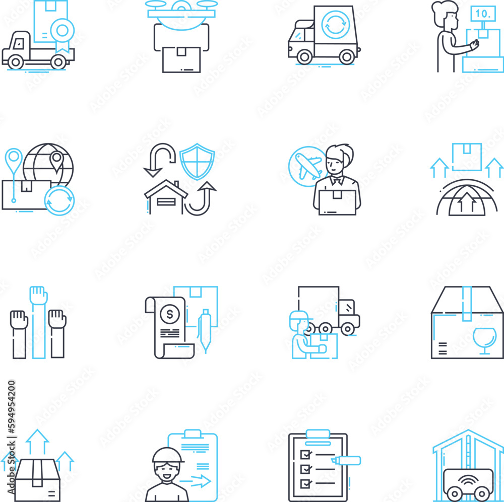 Inventory hub linear icons set. Storage, Assets, Stock, Supplies, Warehouse, Management, Logistics line vector and concept signs. Equipment,Tracking,Efficiency outline illustrations