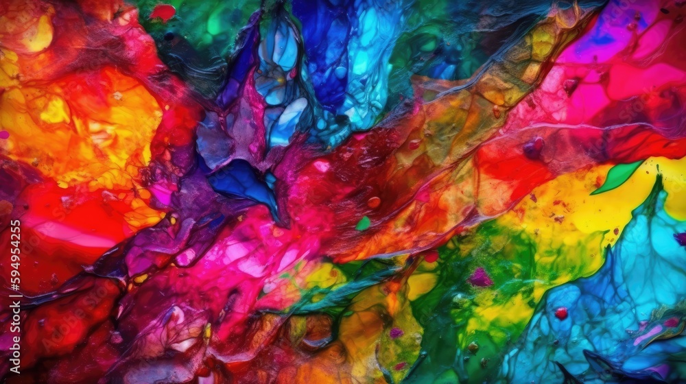 Unique background. Alcohol ink painting in bright colors. The penetration of colors, the merging of liquid moving layers of color into a beautiful visual whole. Generative AI. 