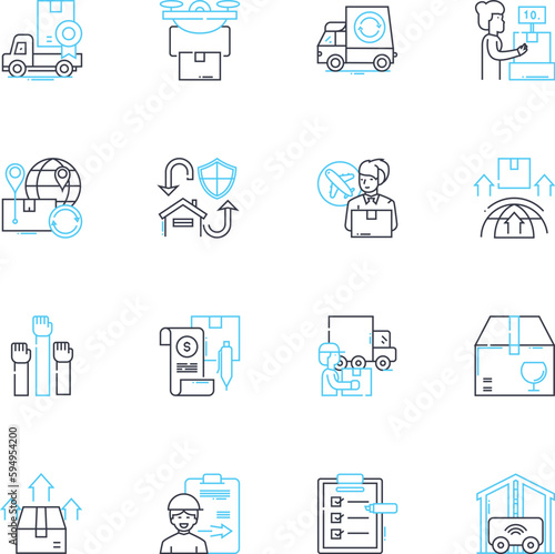 Inventory hub linear icons set. Storage, Assets, Stock, Supplies, Warehouse, Management, Logistics line vector and concept signs. Equipment,Tracking,Efficiency outline illustrations