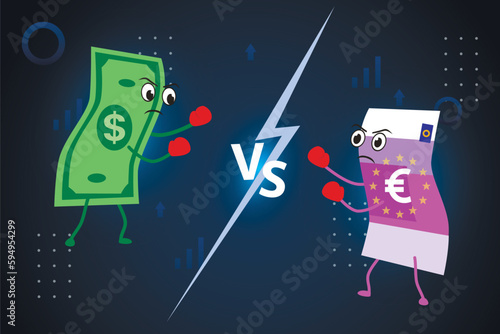 Fiat currency battle dollar vs euro. Currencies fight Dollar USA against Euro.