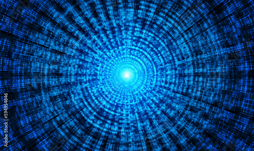 Binary Code backgrounds, a sequence of zero and one number as speed lines to a vanishing point on a blue background. Numbers of the computer matrix. The concept of coding and cybersecurity