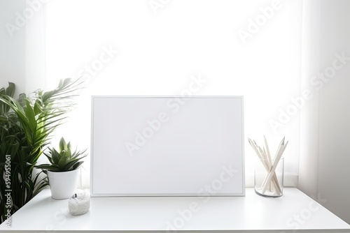 minimalist white table with a potted plant and a picture frame. Generative AI