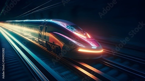 High Tech and Futuristic Bullet train moving at a very high speed on railway track, generative ai