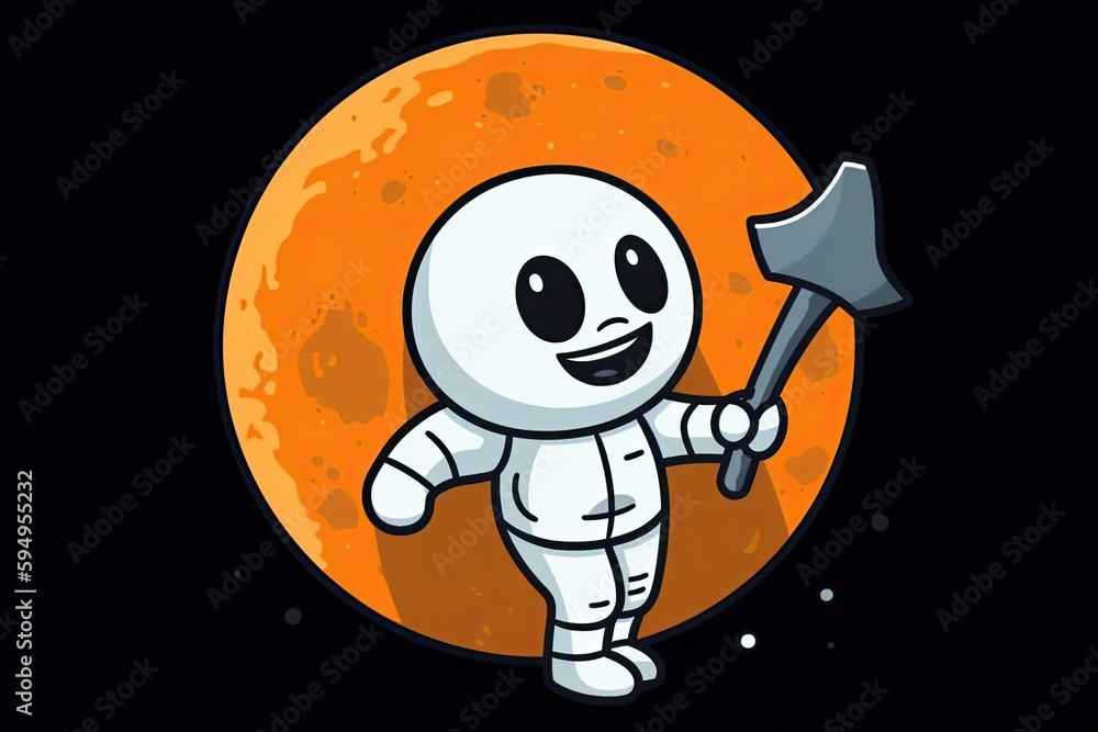 cartoon character holding an axe in front of an orange moon. Generative AI cartoon character holding an axe in front of an orange moon. Generative AI