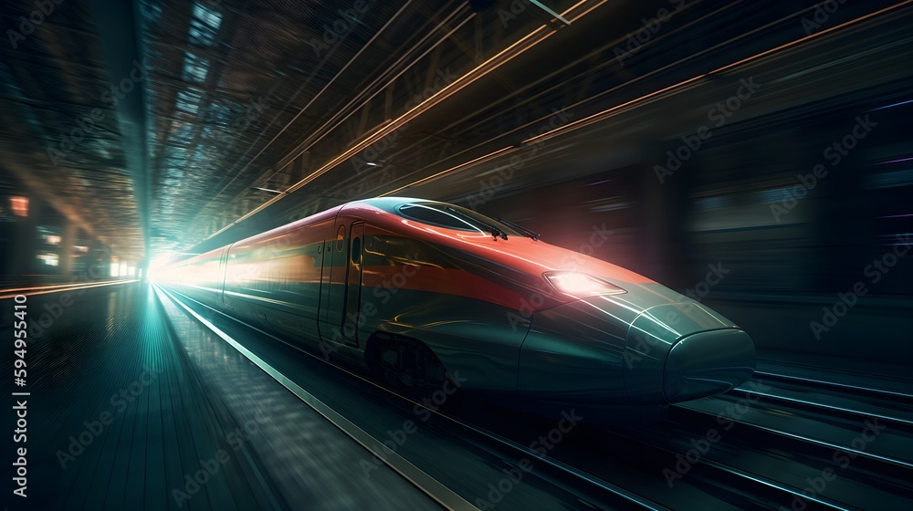 High speed Aerodynamic Japanese Shinkansen bullet train moving through dark underground tunnel, generative ai