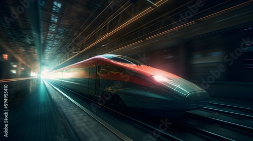 High speed Aerodynamic Japanese Shinkansen bullet train moving through dark underground tunnel, generative ai