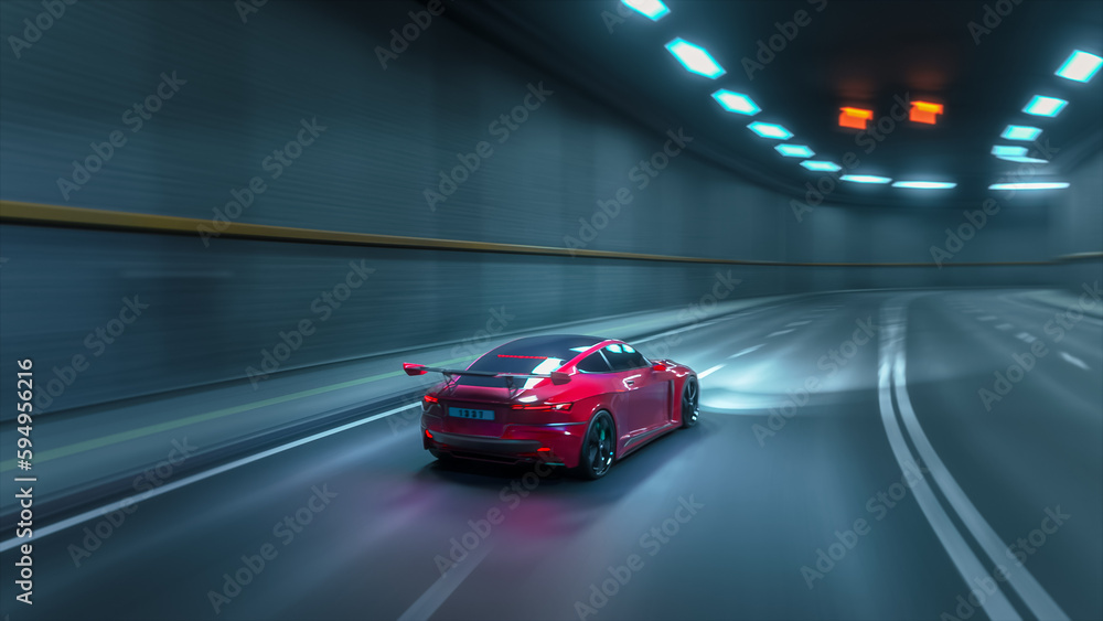Fototapeta premium Gameplay of a Racing Simulator Video Game with Interface. Computer Generated 3D Car Driving Fast and Drifting on a Night Highway in a Futuristic City Center. VFX on Image. Third-Person View.