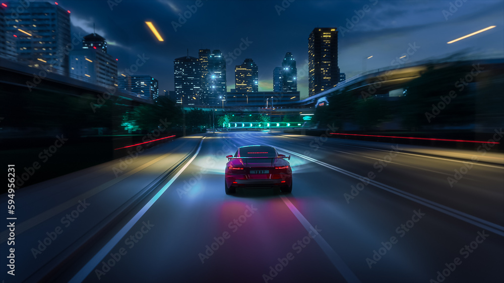 Gameplay of a Racing Simulator Video Game with Interface. Computer Generated 3D Car Driving Fast and Drifting on a Night Highway in a Futuristic City. VFX on Image. Third-Person View.
