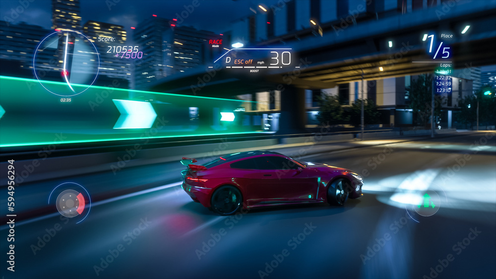 Gameplay of a Racing Simulator Video Game with Interface. Computer Generated 3D Car Driving Fast and Drifting on a Night Hignway in a Modern City Downtown. VFX Screengrab. Third-Person View.