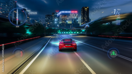 Gameplay of a Racing Simulator Video Game with Interface. Computer Generated 3D Car Driving Fast and Drifting on a Night Hignway in a Modern Futuristic City. VFX Screengrab. Third-Person View.