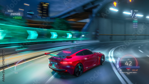 Gameplay of a Racing Simulator Video Game with User Interface. Computer Generated 3D Car Driving Fast and Drifting on a Night Hignway in a Modern Megapolis City. VFX Image Edit. Third-Person View.