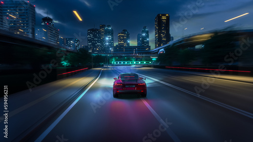 Gameplay of a Racing Simulator Video Game with Interface. Computer Generated 3D Car Driving Fast and Drifting on a Night Highway in a Futuristic City. VFX on Image. Third-Person View.