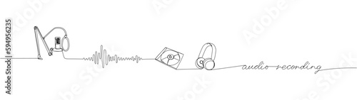 Audio recording set one line art. Continuous line drawing of microphone and pop filter, headphones, sd disk, music waves, karaoke, broadcast media with an inscription, lettering, handwritten.