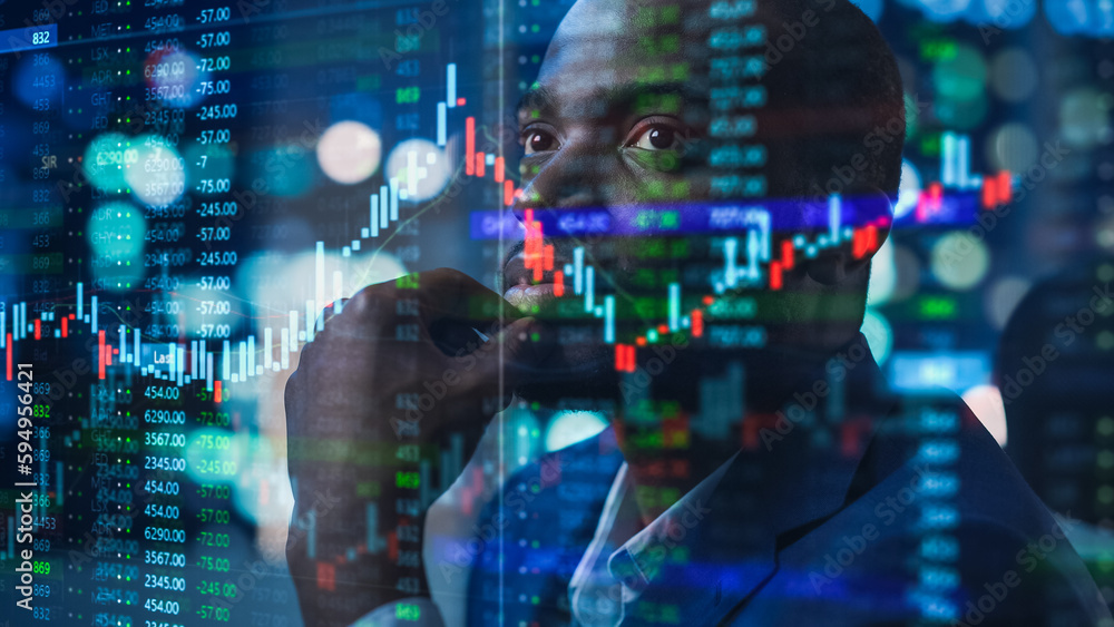 Portrait of Black Stock Market Trader Doing Analysis of Investment Charts, Graphs, Ticker Numbers Projected on His Face. African American Financial Analyst, Digital Entrepreneur Successfully Trading - obrazy, fototapety, plakaty 