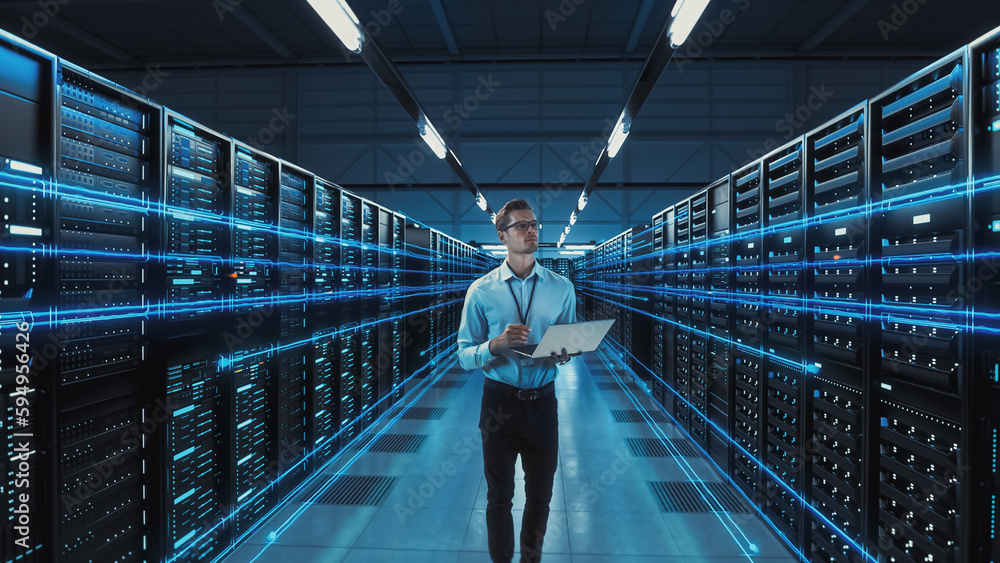 Futuristic 3D Concept: Big Data Center Chief Technology Officer Using Laptop Standing In Warehouse, Information Digitalization Lines Streaming Through Servers. SAAS, Cloud Computing, Web Service - obrazy, fototapety, plakaty 