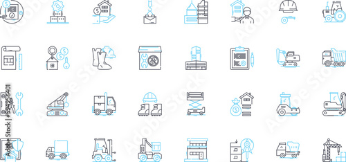 Construction crew linear icons set. Builders, Carpenters, Contractors, Roofers, Engineers, Masons, Electricians line vector and concept signs. Plumbers,Welders,Laborers outline illustrations