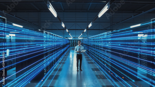 Futuristic 3D Concept: Data Center Chief Technology Officer Holding Laptop Standing In Warehouse, Information Digitalization Lines Streaming Through Servers. SAAS, Cloud Computing, Online Service