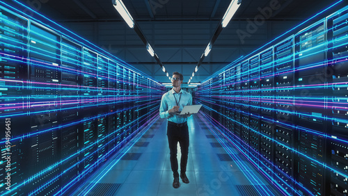 Futuristic Concept: Data Center Chief Technology Officer Holding Laptop, Standing In Warehouse, Information Digitalization Lines Streaming Through Servers. SAAS, Cloud Computing, Online Service