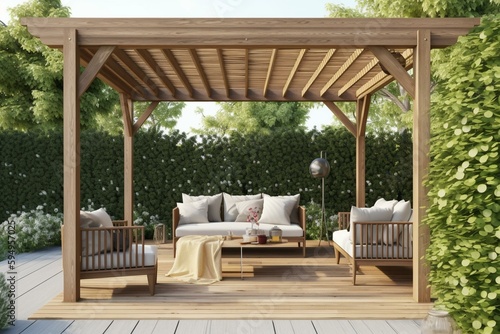 3d illustration of decor outdoor patio with teak wood pergola. Generative AI