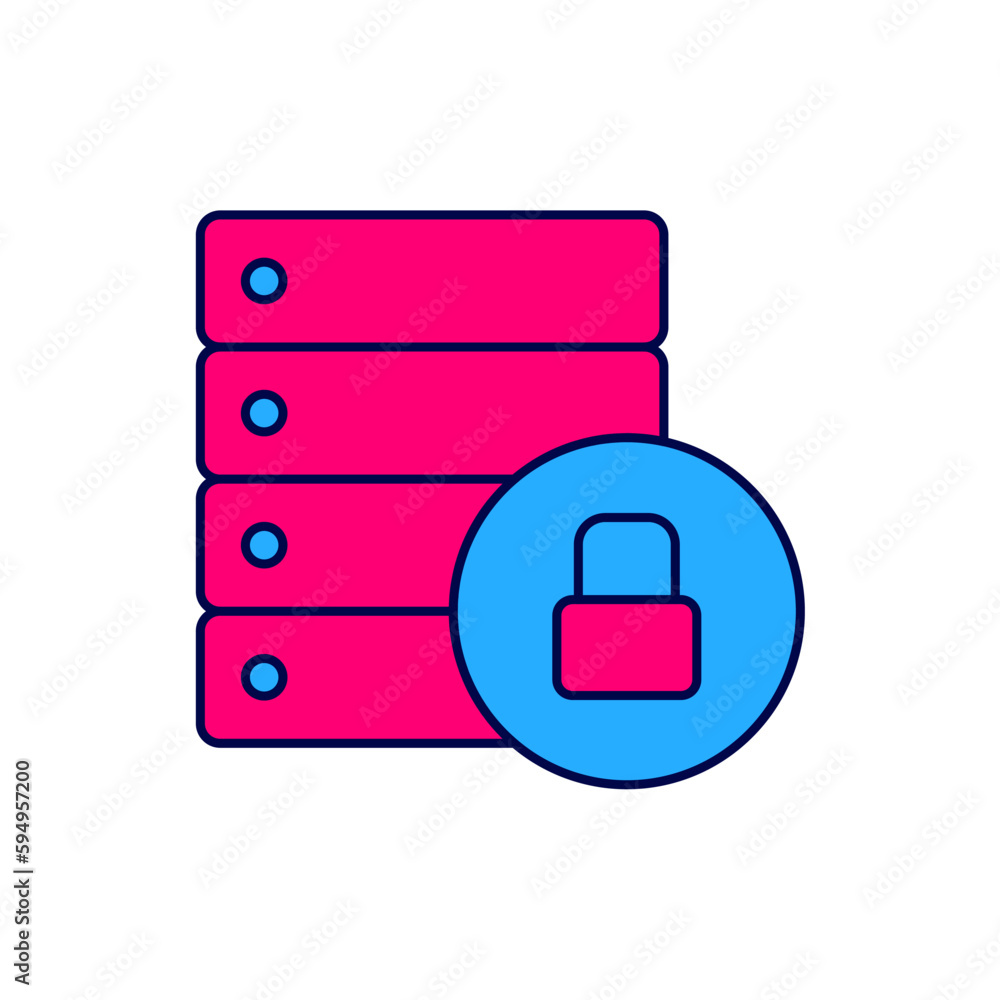 Filled outline Server security with closed padlock icon isolated on white background. Database and lock. Security, safety, protection concept. Vector Filled outline Server security with closed padlock icon isolated on white background. Database and lock. Security, safety, protection concept. Vector