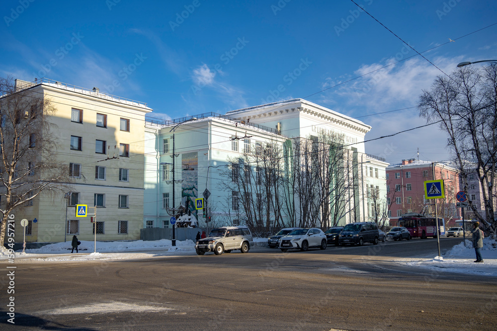 View of Lenin Avenue and the Murmansk Regional Museum of Local Lore. Murmansk. Russia March 2023