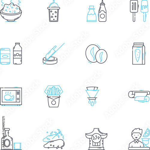 Dining options linear icons set. Restaurant, Pub, Cafe, Bistro, Brasserie, Diner, Food court line vector and concept signs. Buffet,Grill,Eatery outline illustrations
