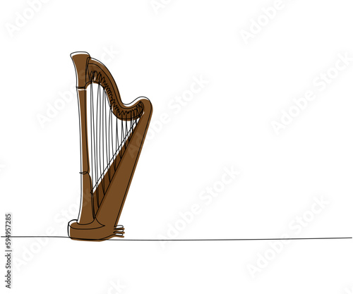 Harp one line color art. Continuous line drawing of musical, melody, antique, culture, retro, tune, traditional, symphonic, music, irish, orchestra, greek, lira, lyra, string.