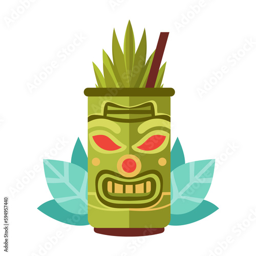 Tiki exotic cocktail in mug with Tiki mask. Hawaiian traditional elements