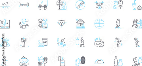 Adventure park linear icons set. Thrilling, Exciting, Adrenaline, Zip-lining, Ropes course, Climbing, Obstacle line vector and concept signs. Skywalk,Swing,Treetop outline illustrations