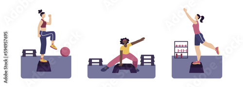Set of cartoon characters of young athletic people doing sports in gym