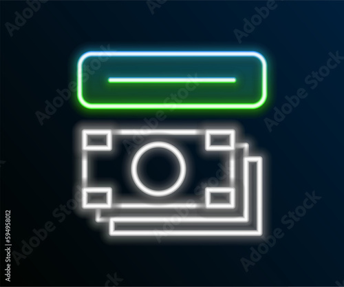 Glowing neon line ATM - Automated teller machine and money icon isolated on black background. Colorful outline concept. Vector