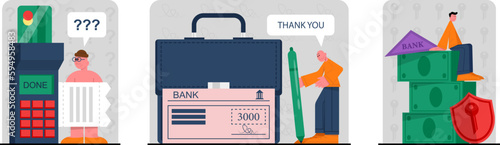 Set of different cartoon characters making bank deposits and investments