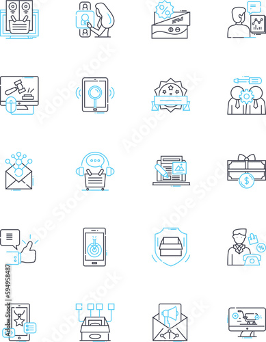 Purchase online linear icons set. Shopify, E-commerce, Checkout, Amazon, Payment, Shipping, PayPal line vector and concept signs. Cart,Digital,Discounts outline illustrations