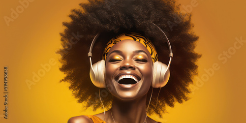 Generative AI image of a toothy smiling african american beautiful black woman with afro hairstyle, listening music with headphones. Beauty portrait at studio isolated over yellow background.