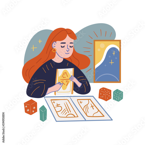 Young girl lays out tarot cards. The concept of divination, numerology