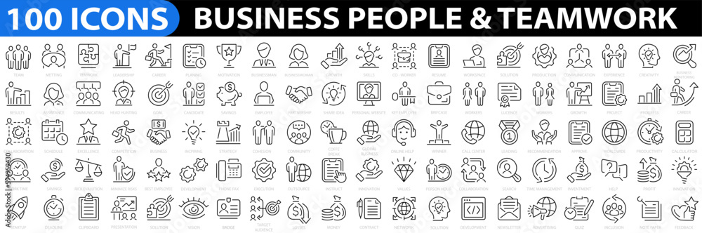 Business people & Teamwork 100 icon set. Human resources, office management, team building, work group, people, support, business. Vector illustration