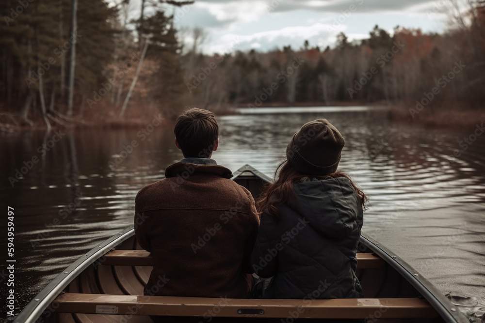 Vue de dos d'un couple se promenant sur une barque dans un étang » IA générative