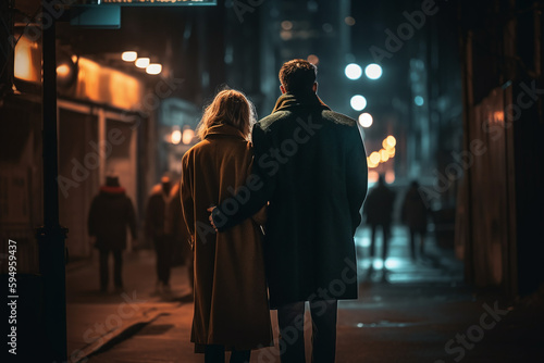 Vue de dos d'un couple se baladant dans une rue la nuit » IA générative
