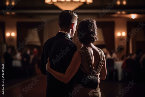 Vue de dos d un couple en tenue de soir  e sur une piste de danse    IA g  n  rative