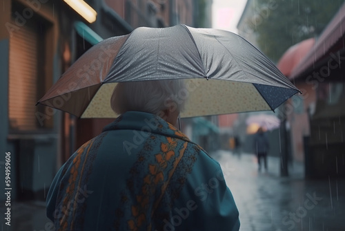 Vue de dos d'une vieille dame se baladant dans la rue un jour de pluie » IA générative
