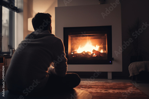 Vue de dos d'un homme se réchauffant devant la cheminée de son salon » IA générative
