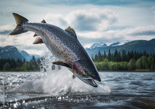 Salmon jumping out of water in Alaskan river. Generative Ai
