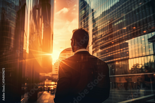 Vue de dos d'un businessman observant le coucher du soleil entre les immeubles » IA générative